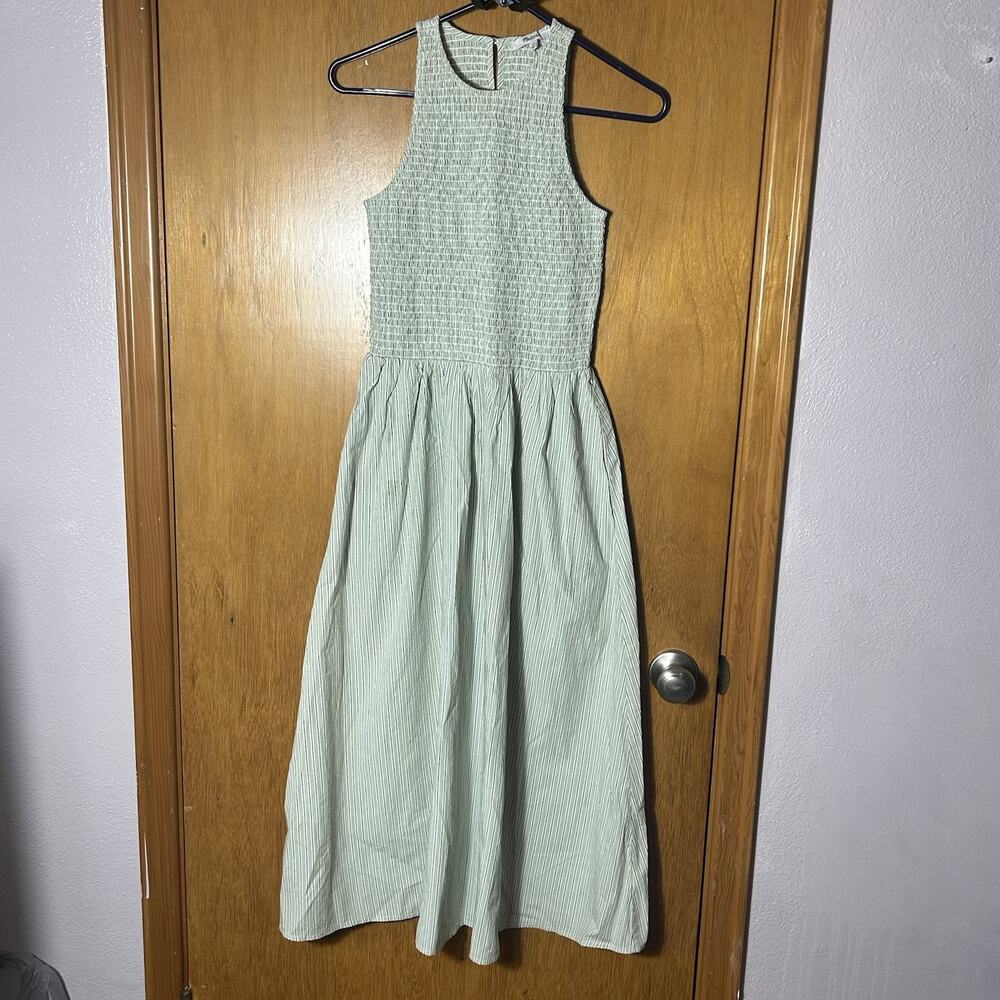 MADEWELL Melody Smocked Midi Sleeveless Pistachio Green Stripped Dress XXS NEW